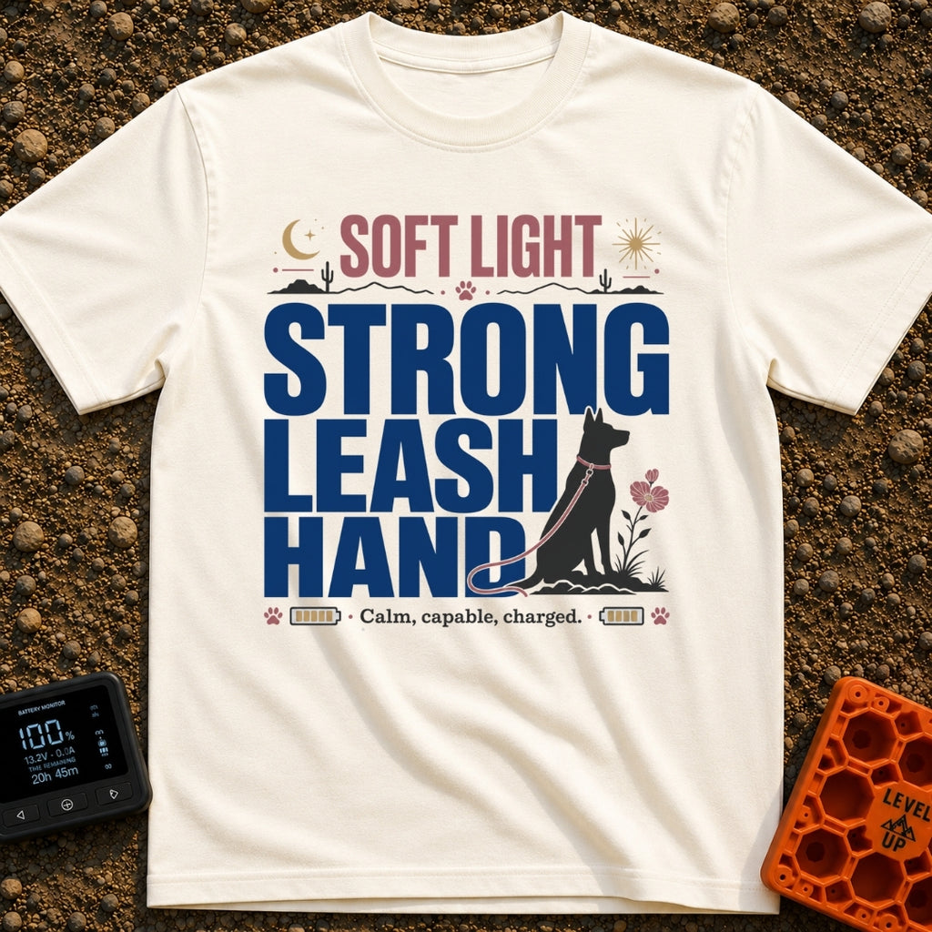 Leash The Day - T-Shirt in Ivory - A typographic design featuring the text "SOFT LIGHT STRONG LEASH HAND" alongside the...