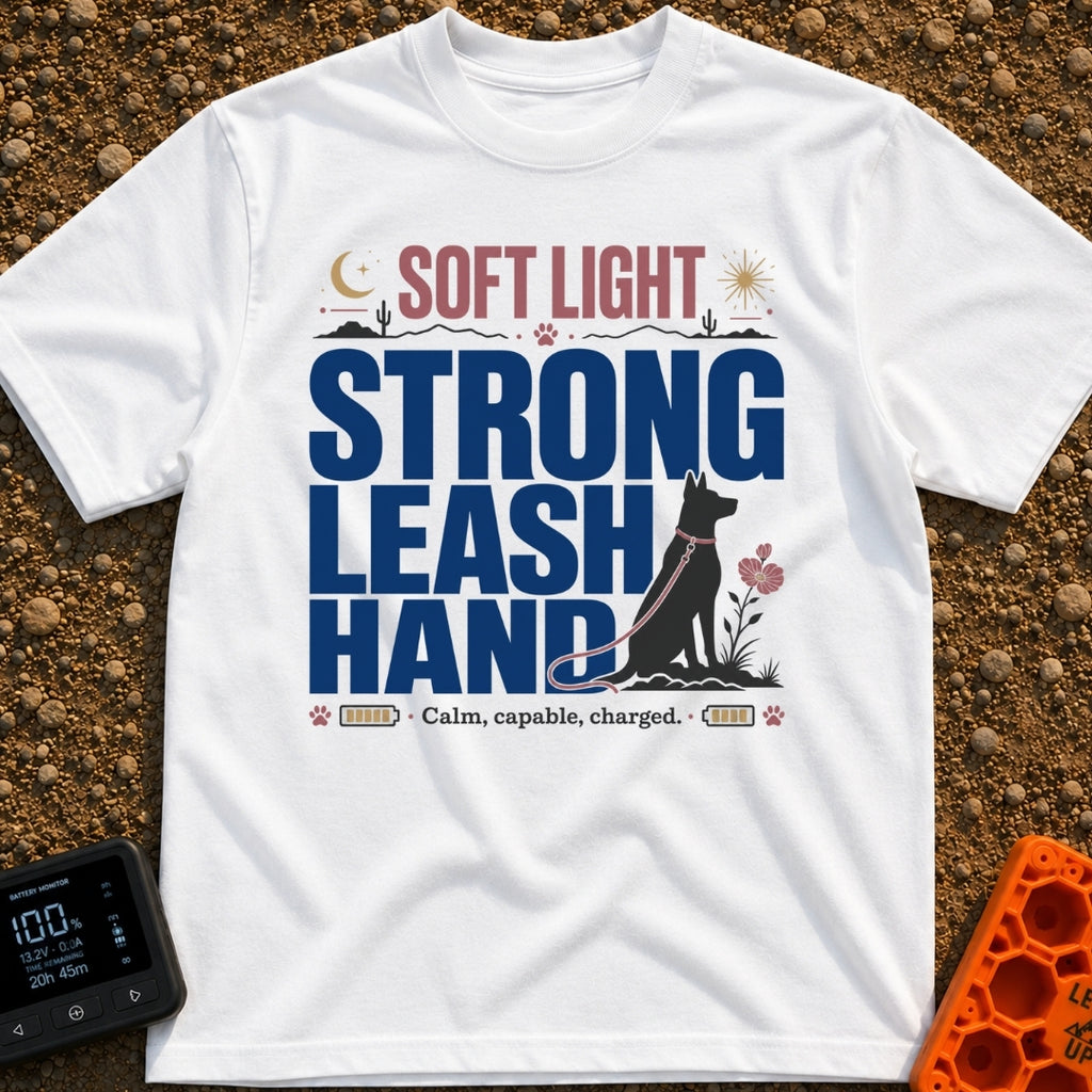 Leash The Day - T-Shirt in White - A typographic design featuring the text "SOFT LIGHT STRONG LEASH HAND" alongside the...