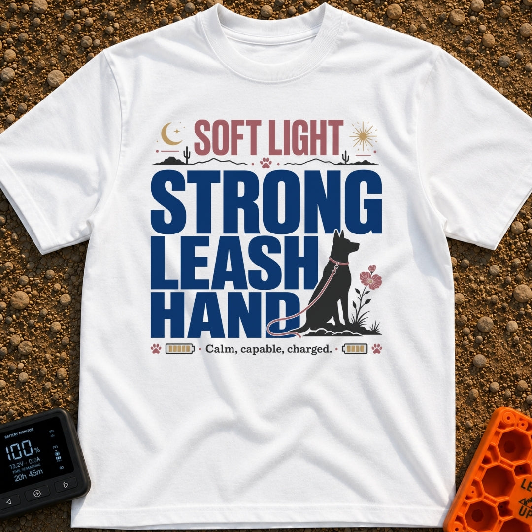 Leash The Day - T-Shirt in White - A typographic design featuring the text "SOFT LIGHT STRONG LEASH HAND" alongside the...