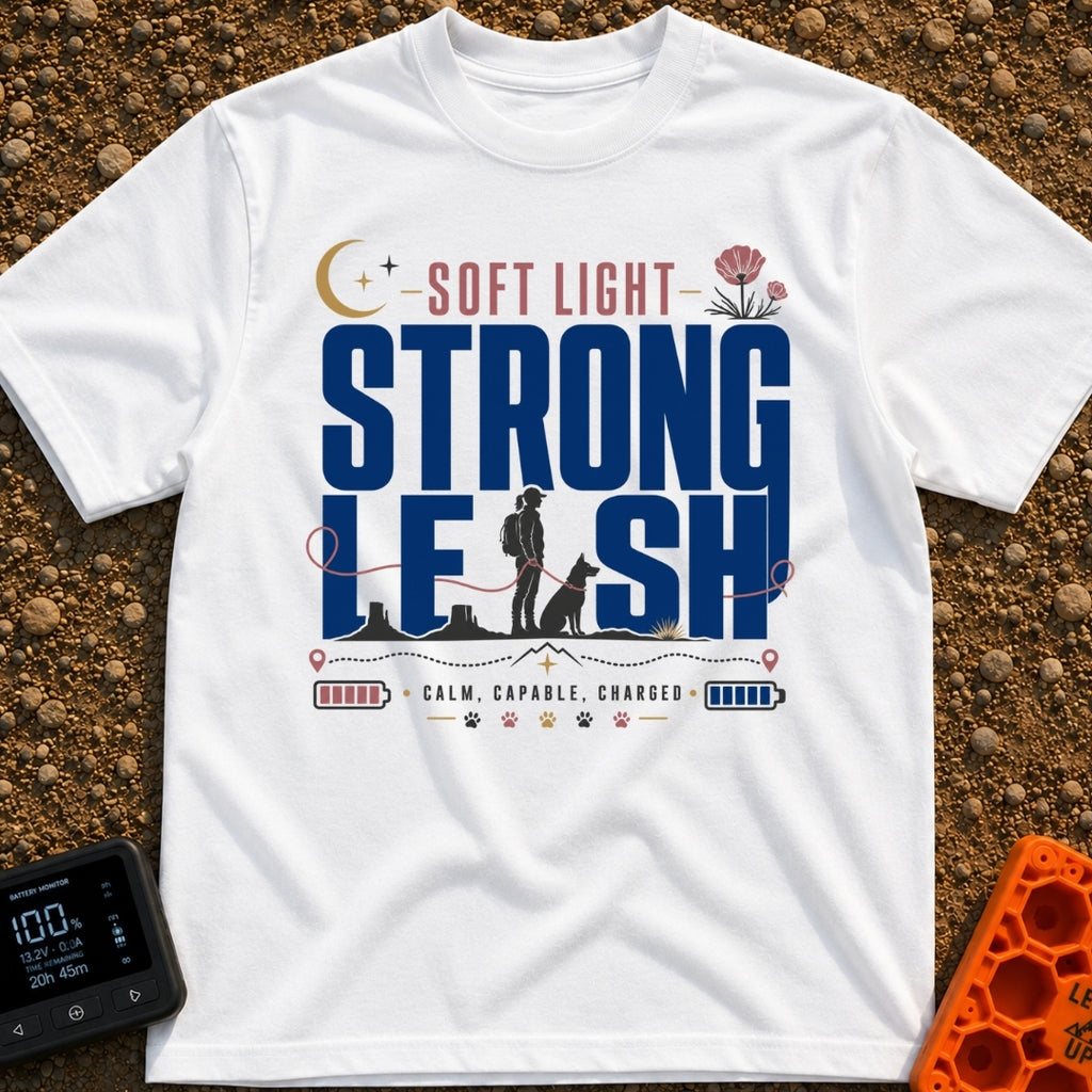 Soft Light Lead - T-Shirt in White - A typographic design featuring the words 'SOFT LIGHT STRONG LEASH' integrated with a...