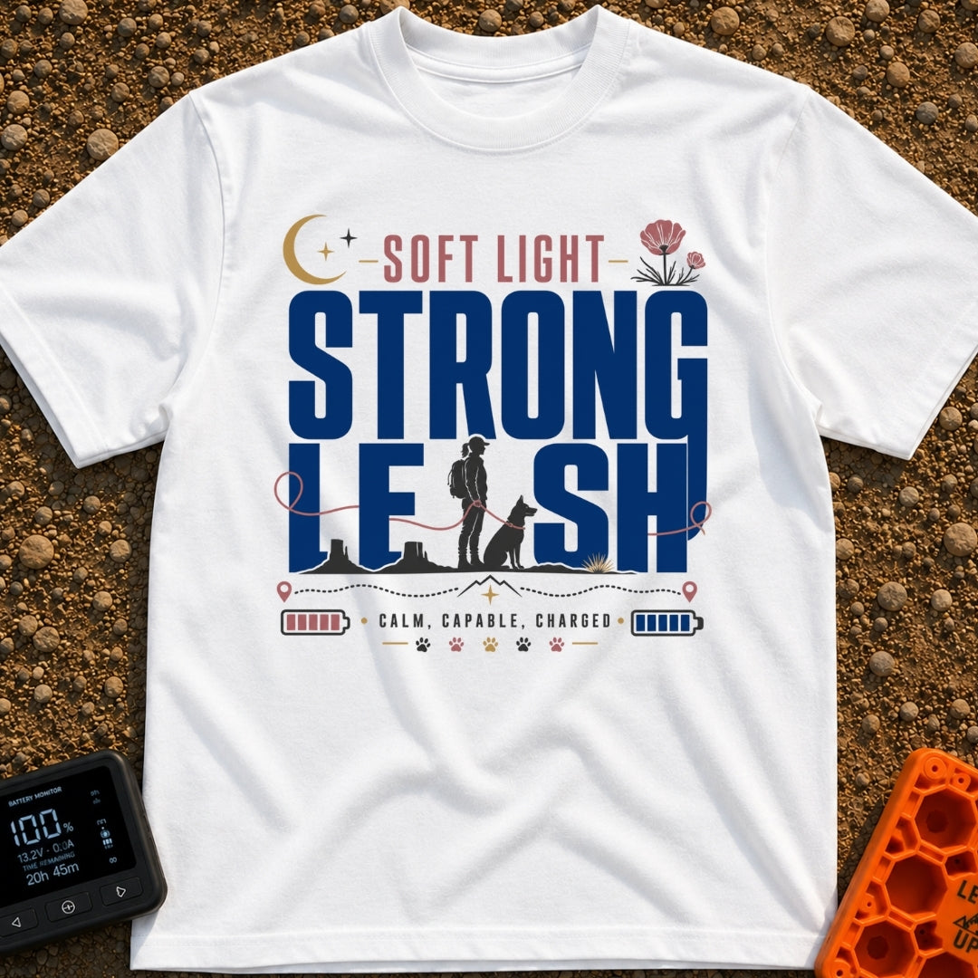 Soft Light Lead - T-Shirt in White - A typographic design featuring the words 'SOFT LIGHT STRONG LEASH' integrated with a...