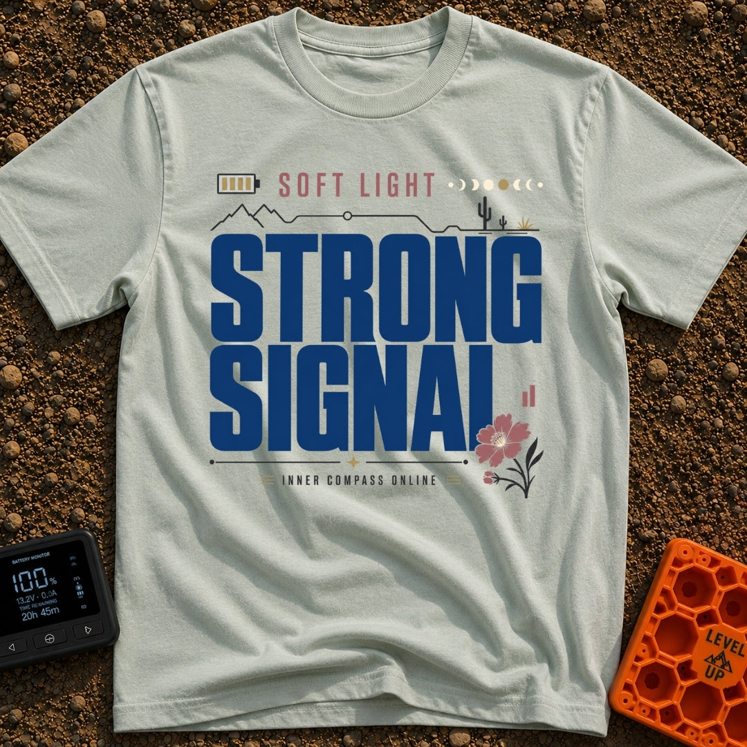 Soft Light Strong Signal - T-Shirt in Bay - A typographic design with the text 'SOFT LIGHT' and 'STRONG SIGNAL',...