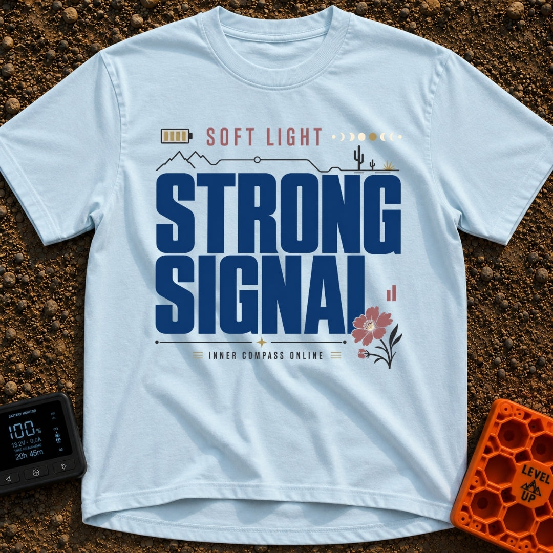 Soft Light Strong Signal - T-Shirt in Chambray - A typographic design with the text 'SOFT LIGHT' and 'STRONG SIGNAL',...