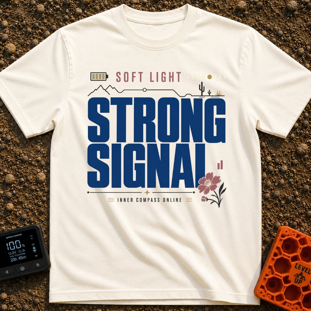 Soft Light Strong Signal - T-Shirt in Ivory - A typographic design with the text 'SOFT LIGHT' and 'STRONG SIGNAL',...