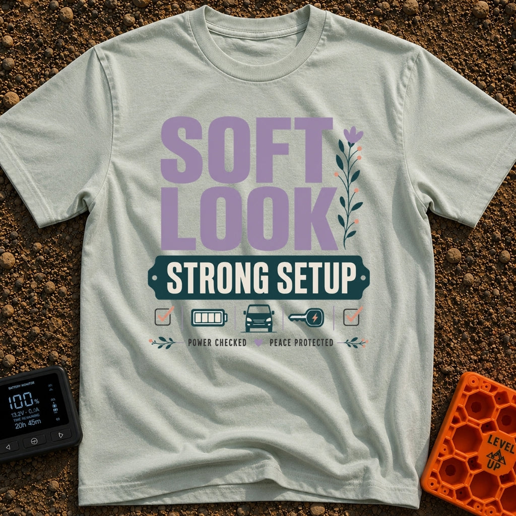 Soft Look Hard Wired - T-Shirt in Bay - The design features the text "SOFT LOOK" in large purple letters beside a floral...