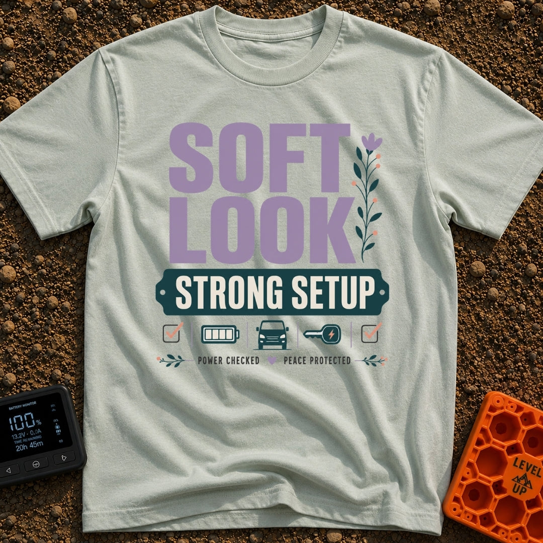 Soft Look Hard Wired - T-Shirt in Bay - The design features the text "SOFT LOOK" in large purple letters beside a floral...