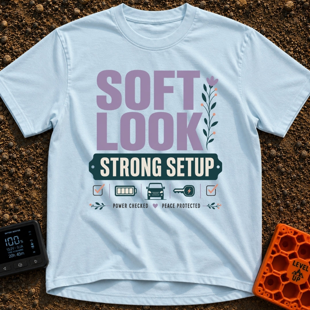 Soft Look Hard Wired - T-Shirt in Chambray - The design features the text "SOFT LOOK" in large purple letters beside a...