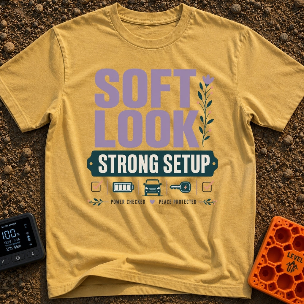 Soft Look Hard Wired - T-Shirt in Mustard - The design features the text "SOFT LOOK" in large purple letters beside a...