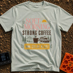 Solar Ready Strong Brew - T-Shirt in Bay - The design features typographic text reading "SOFT MORNING STRONG COFFEE"...