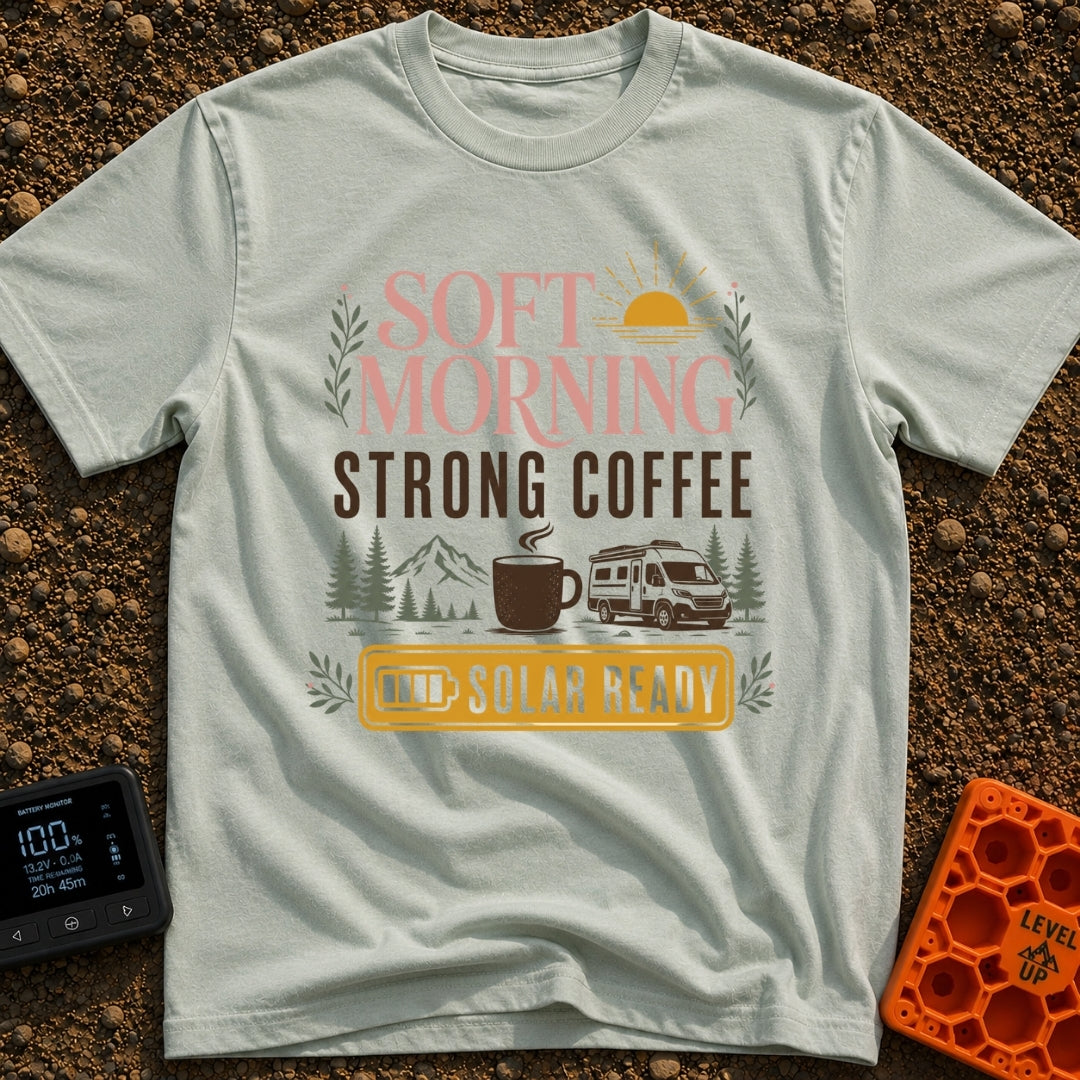 Solar Ready Strong Brew - T-Shirt in Bay - The design features typographic text reading "SOFT MORNING STRONG COFFEE"...