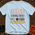 Solar Ready Strong Brew - T-Shirt in Chambray - The design features typographic text reading "SOFT MORNING STRONG COFFEE"...