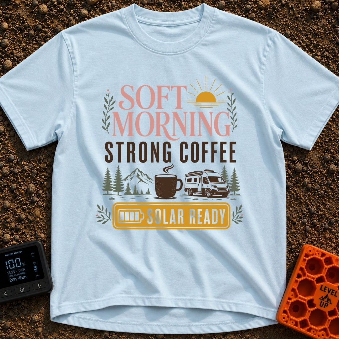 Solar Ready Strong Brew - T-Shirt in Chambray - The design features typographic text reading "SOFT MORNING STRONG COFFEE"...
