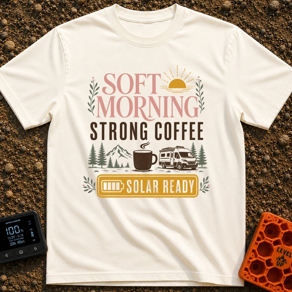 Solar Ready Strong Brew - T-Shirt in Ivory - The design features typographic text reading "SOFT MORNING STRONG COFFEE"...