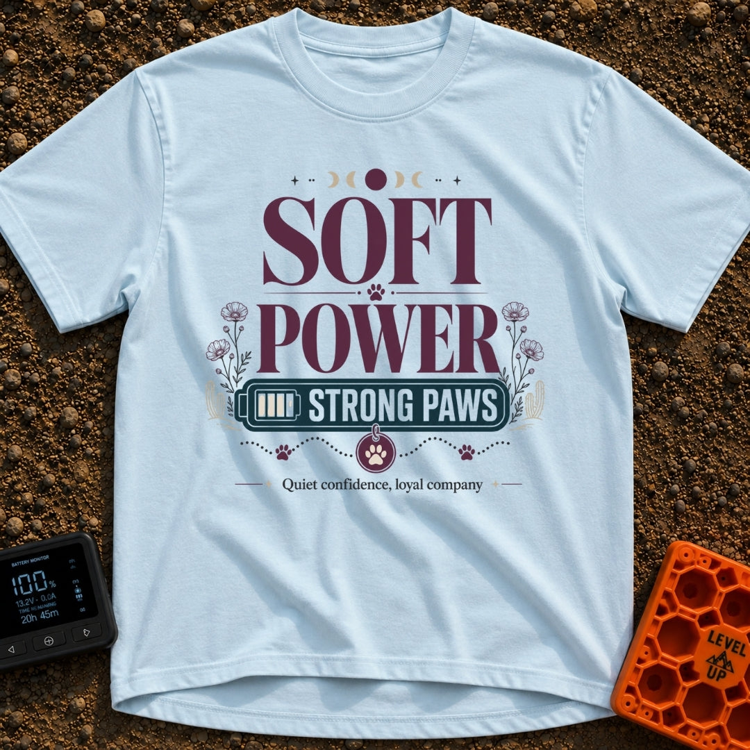 Soft Power Strong Paws - T-Shirt in Chambray - A typographic design with the words "SOFT POWER" above a banner reading...