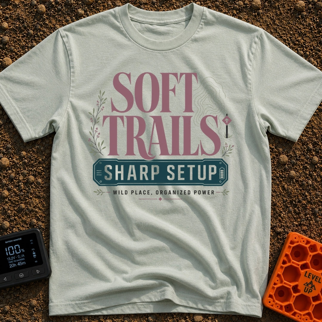 Wired For The Wild - T-Shirt in Bay - A typographic design featuring the words "SOFT TRAILS" in large serif letters above...