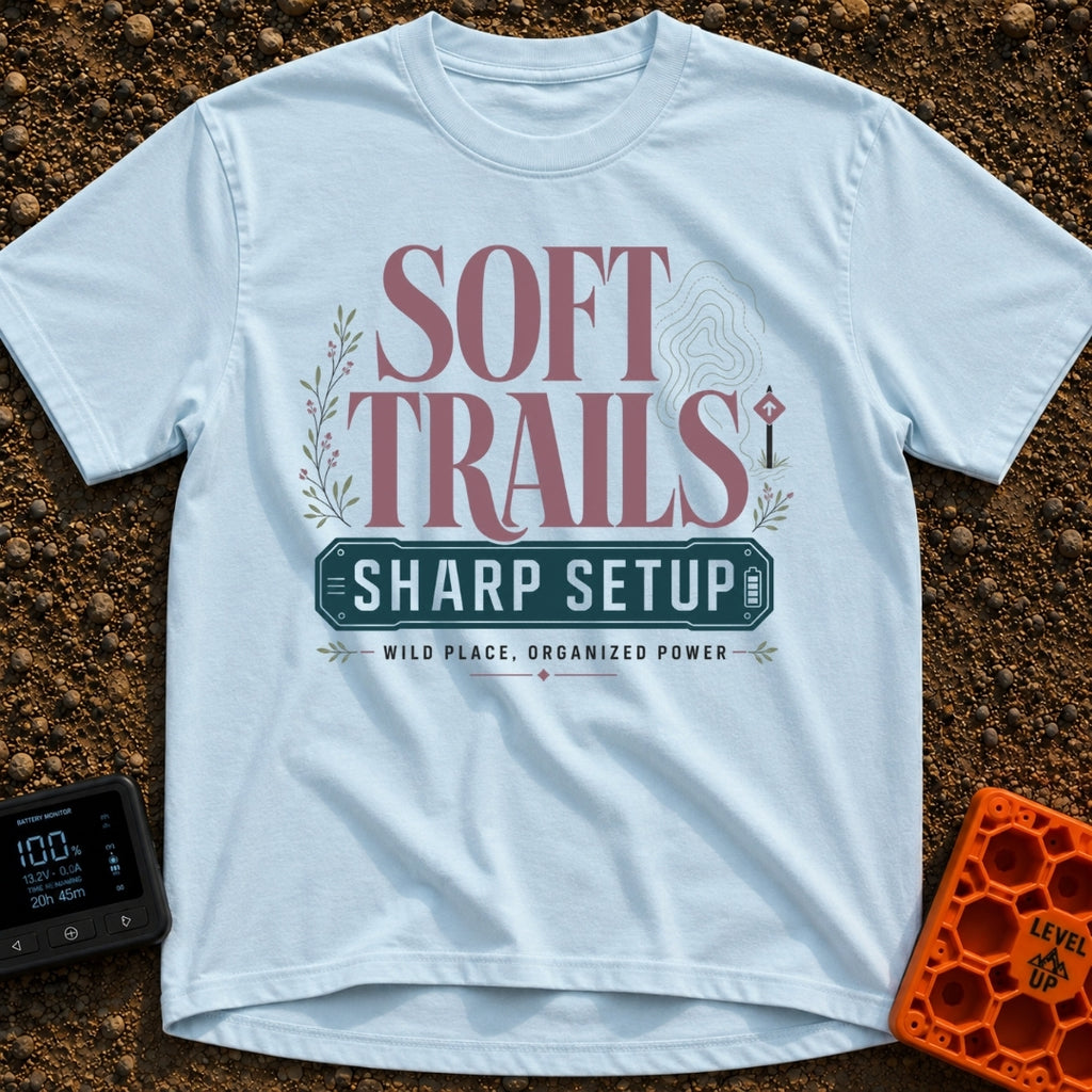 Wired For The Wild - T-Shirt in Chambray - A typographic design featuring the words "SOFT TRAILS" in large serif letters...