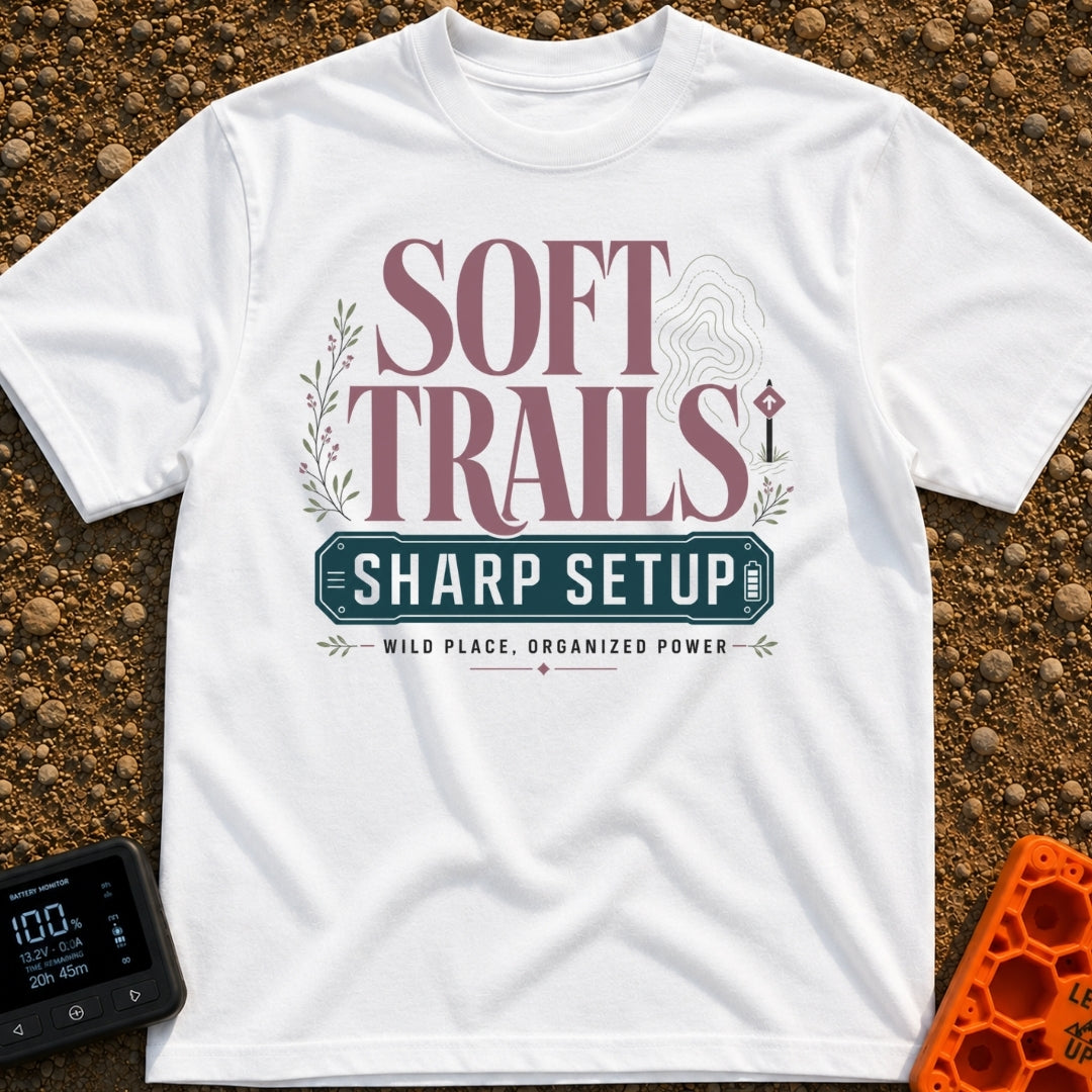 Wired For The Wild - T-Shirt in White - A typographic design featuring the words "SOFT TRAILS" in large serif letters...
