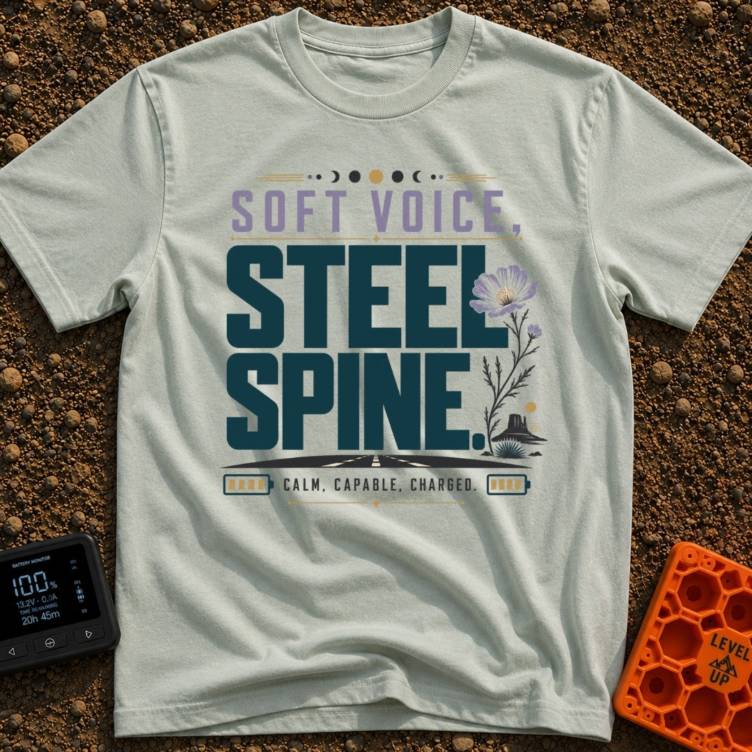 Speak Softly Charge Hard - T-Shirt in Bay - The design features the text "SOFT VOICE, STEEL SPINE" and "CALM, CAPABLE,...