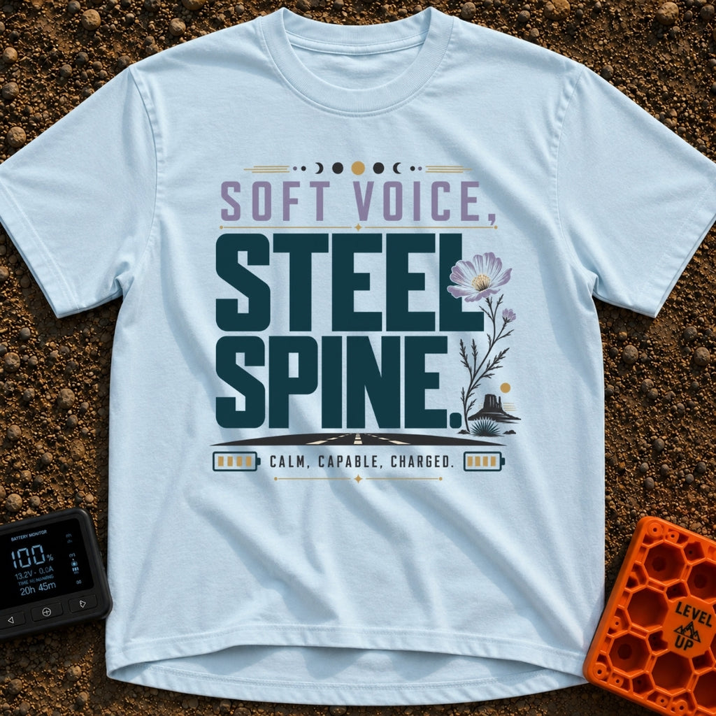 Speak Softly Charge Hard - T-Shirt in Chambray - The design features the text "SOFT VOICE, STEEL SPINE" and "CALM,...