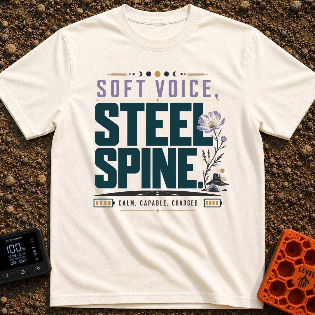 Speak Softly Charge Hard - T-Shirt in Ivory - The design features the text "SOFT VOICE, STEEL SPINE" and "CALM, CAPABLE,...