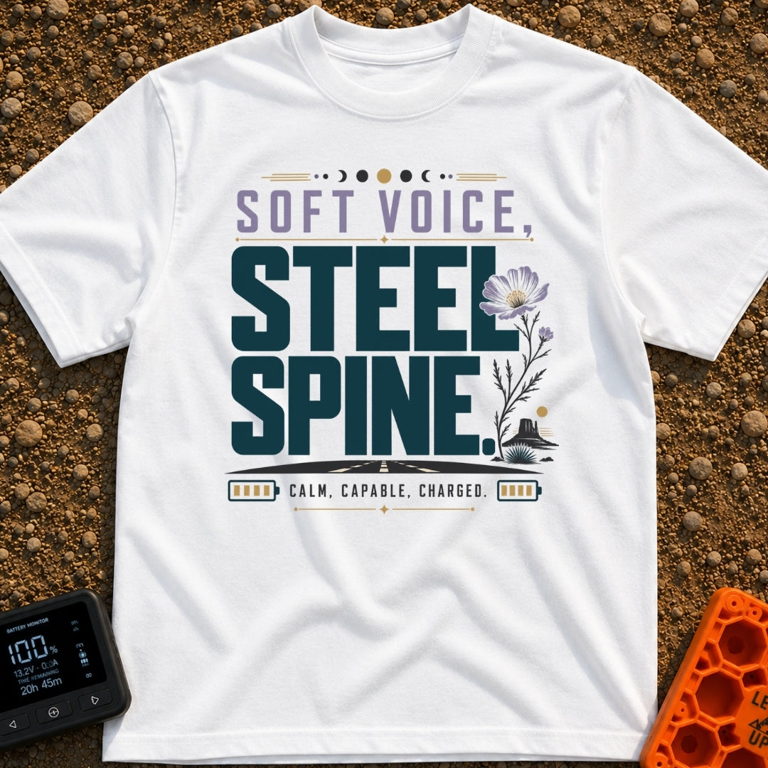 Speak Softly Charge Hard - T-Shirt in White - The design features the text "SOFT VOICE, STEEL SPINE" and "CALM, CAPABLE,...