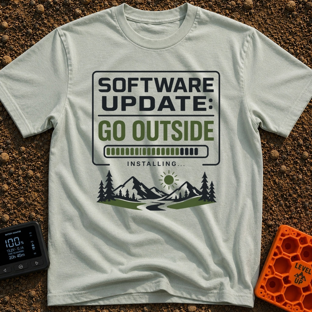 Log Off Go Outside - T-Shirt in Bay - A graphic featuring the text "SOFTWARE UPDATE: GO OUTSIDE" above a loading progress...