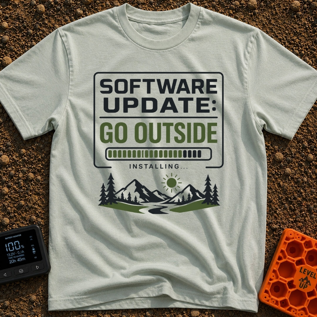 Log Off Go Outside - T-Shirt in Bay - A graphic featuring the text "SOFTWARE UPDATE: GO OUTSIDE" above a loading progress...