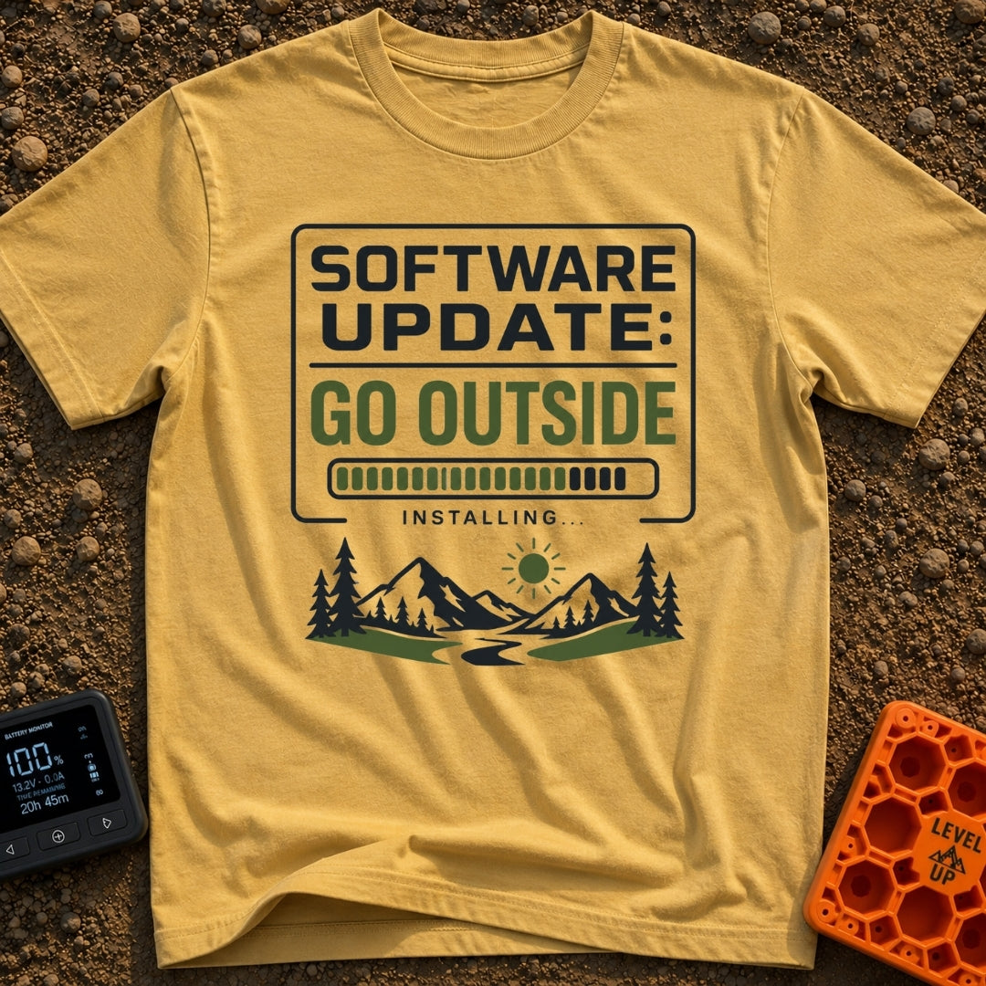 Log Off Go Outside - T-Shirt in Mustard - A graphic featuring the text "SOFTWARE UPDATE: GO OUTSIDE" above a loading...