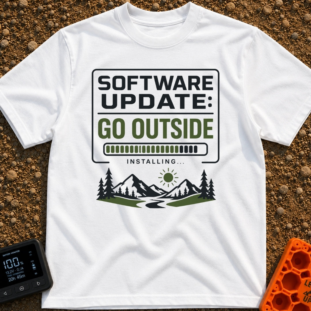 Log Off Go Outside - T-Shirt in White - A graphic featuring the text "SOFTWARE UPDATE: GO OUTSIDE" above a loading...