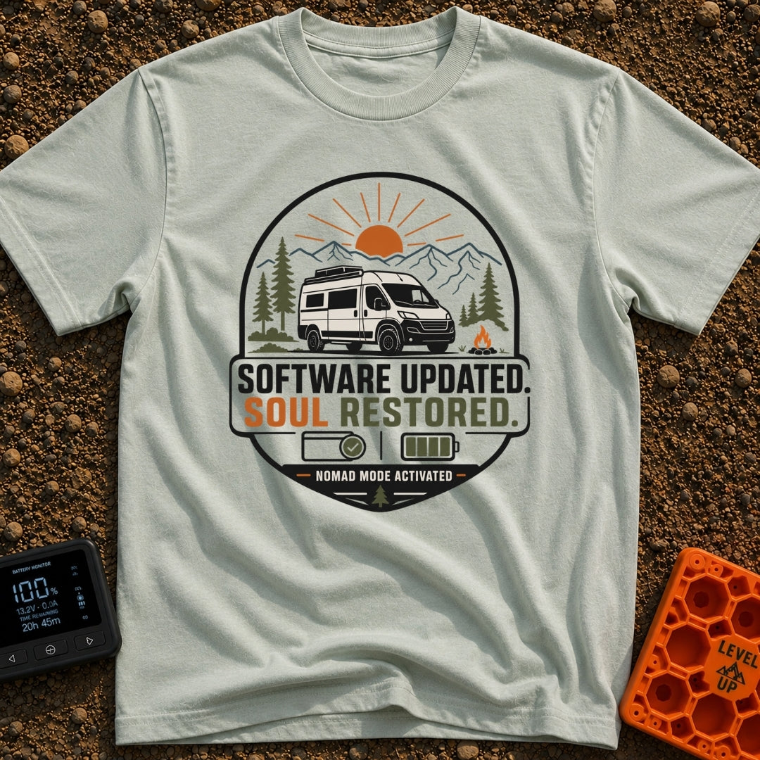 Soul Update Complete - T-Shirt in Bay - A circular badge design featuring a white camper van parked beside a campfire,...