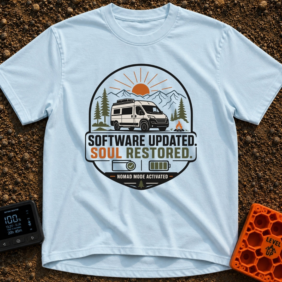 Soul Update Complete - T-Shirt in Chambray - A circular badge design featuring a white camper van parked beside a...