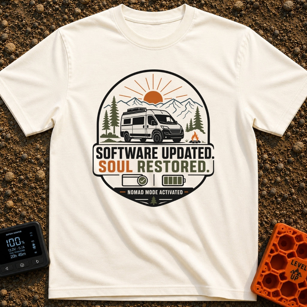Soul Update Complete - T-Shirt in Ivory - A circular badge design featuring a white camper van parked beside a campfire,...