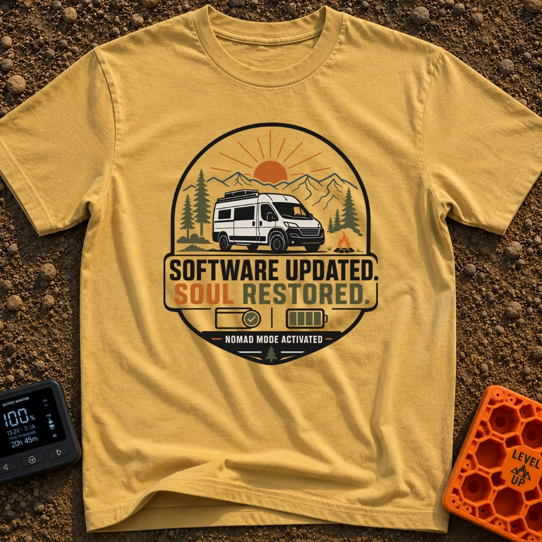 Soul Update Complete - T-Shirt in Mustard - A circular badge design featuring a white camper van parked beside a...