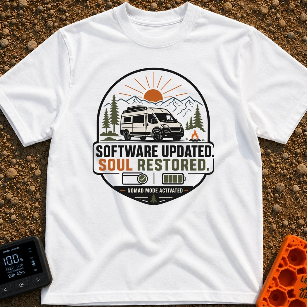 Soul Update Complete - T-Shirt in White - A circular badge design featuring a white camper van parked beside a campfire,...