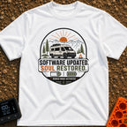 Soul Update Complete - T-Shirt in White - A circular badge design featuring a white camper van parked beside a campfire,...