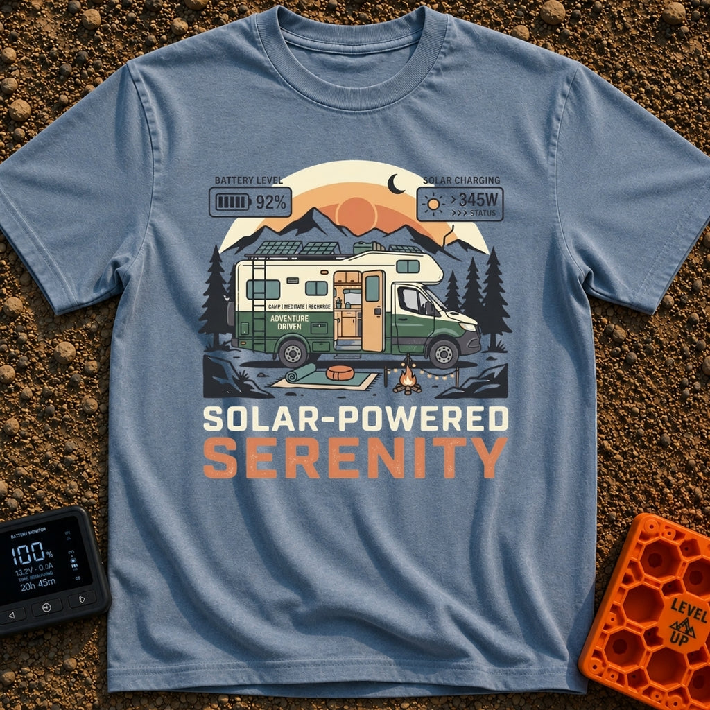 Fully Charged Zen - T-Shirt in Blue Jean - An illustration of a green and cream camper van parked in front of mountains...