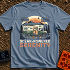 Fully Charged Zen - T-Shirt in Blue Jean - An illustration of a green and cream camper van parked in front of mountains...