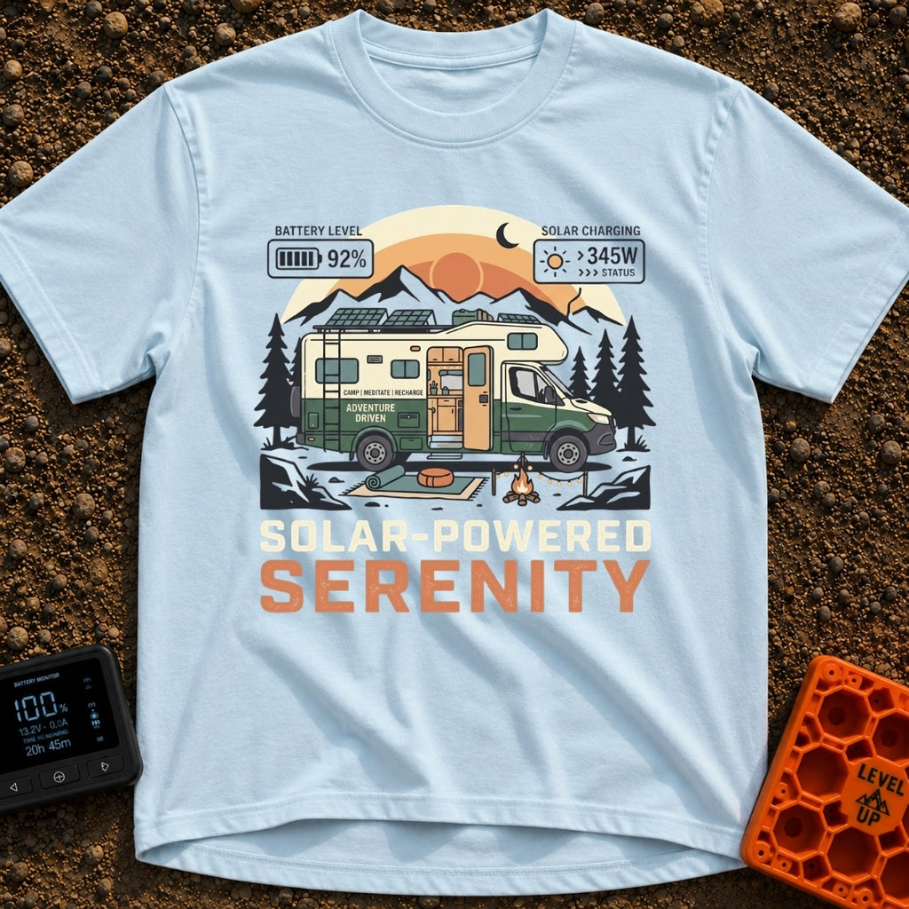 Fully Charged Zen - T-Shirt in Chambray - An illustration of a green and cream camper van parked in front of mountains...