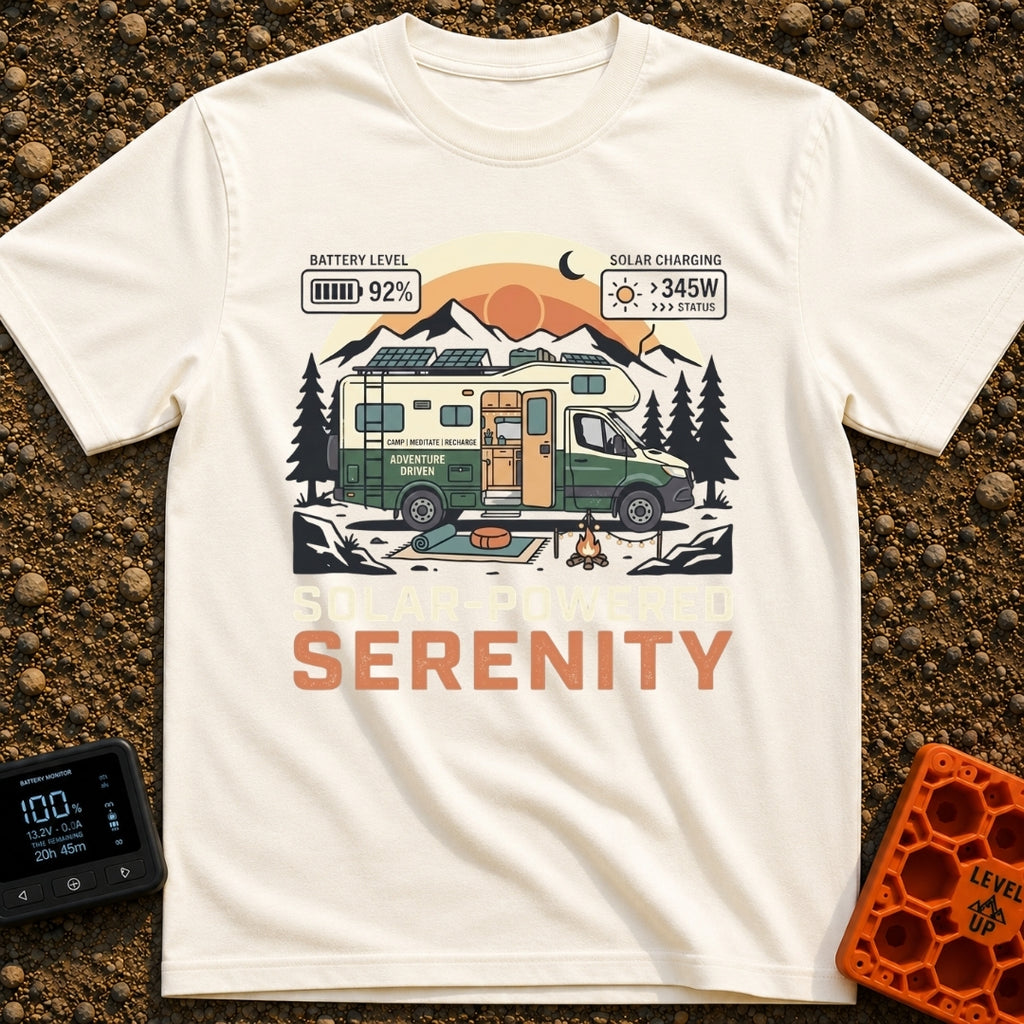 Fully Charged Zen - T-Shirt in Ivory - An illustration of a green and cream camper van parked in front of mountains and...