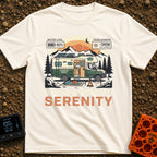 Fully Charged Zen - T-Shirt in Ivory - An illustration of a green and cream camper van parked in front of mountains and...