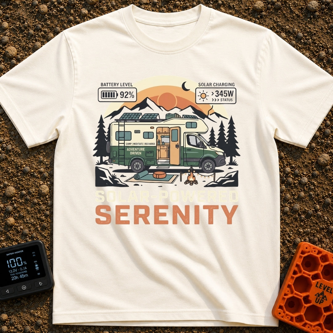 Fully Charged Zen - T-Shirt in Ivory - An illustration of a green and cream camper van parked in front of mountains and...