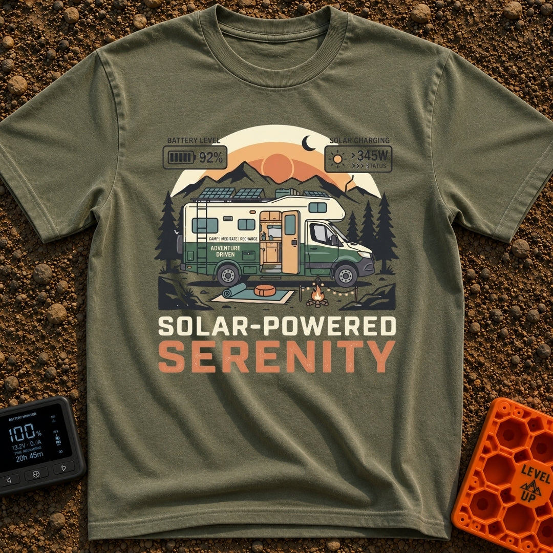 Fully Charged Zen - T-Shirt in Moss - An illustration of a green and cream camper van parked in front of mountains and...