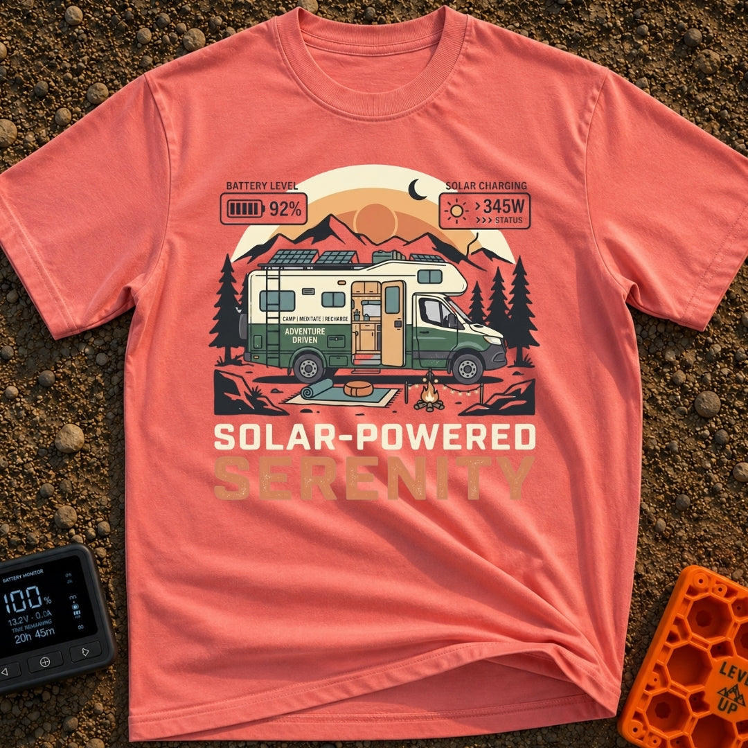 Fully Charged Zen - T-Shirt in Watermelon - An illustration of a green and cream camper van parked in front of mountains...