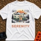 Fully Charged Zen - T-Shirt in White - An illustration of a green and cream camper van parked in front of mountains and...