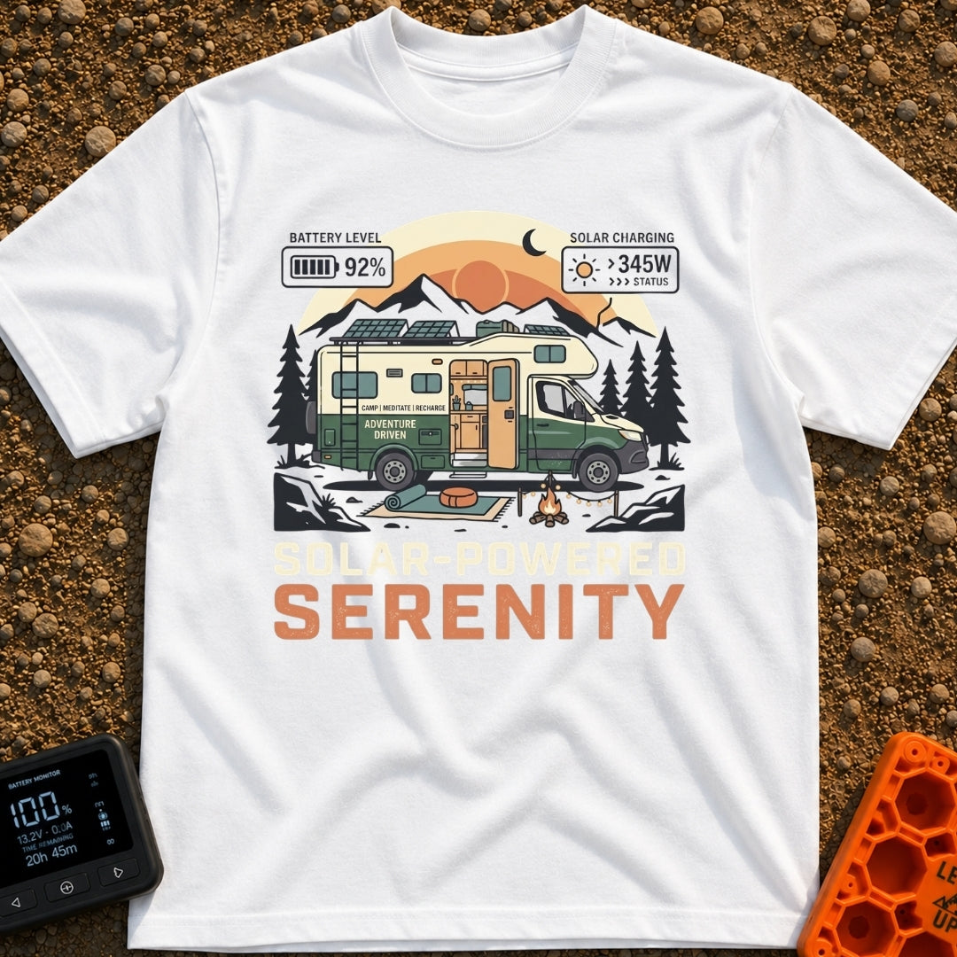 Fully Charged Zen - T-Shirt in White - An illustration of a green and cream camper van parked in front of mountains and...