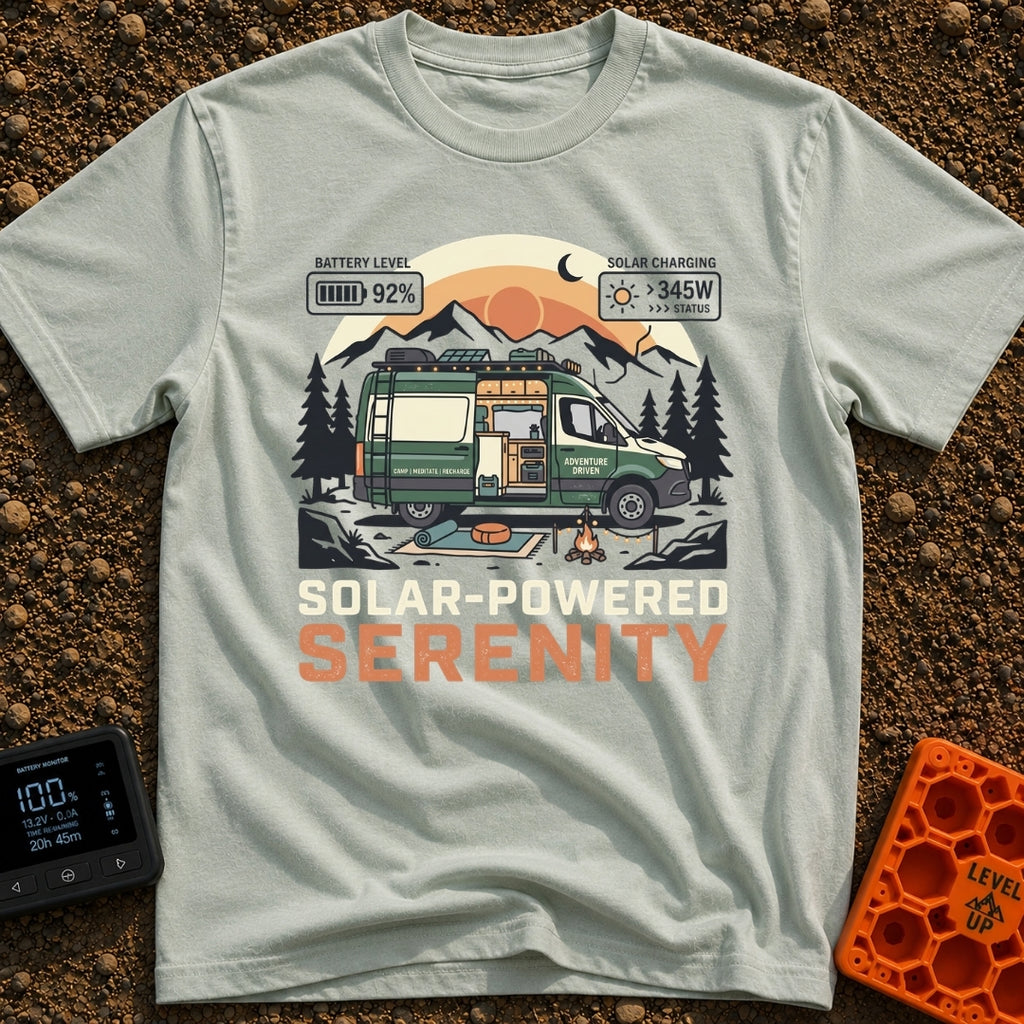 Charged Camper Zen - T-Shirt in Bay - A stylized illustration of a green camper van parked in a mountain landscape with...