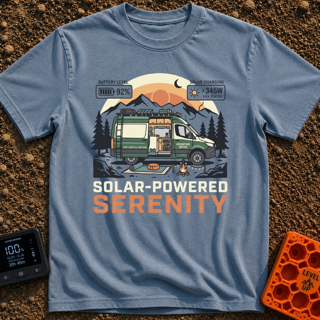 Charged Camper Zen - T-Shirt in Blue Jean - A stylized illustration of a green camper van parked in a mountain landscape...