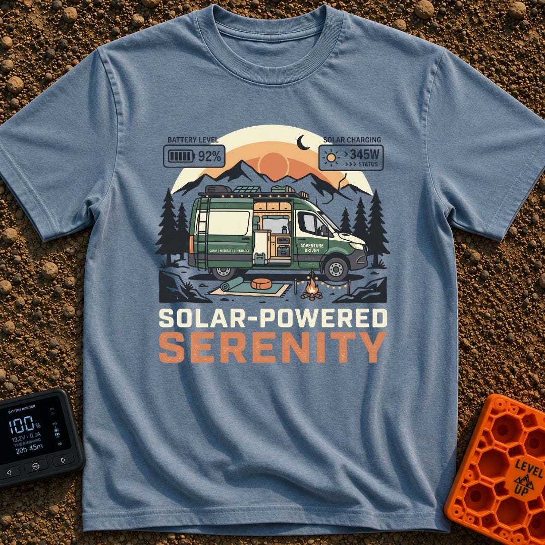 Charged Camper Zen - T-Shirt in Blue Jean - A stylized illustration of a green camper van parked in a mountain landscape...