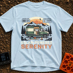 Charged Camper Zen - T-Shirt in Chambray - A stylized illustration of a green camper van parked in a mountain landscape...