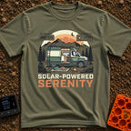 Charged Camper Zen - T-Shirt in Moss - A stylized illustration of a green camper van parked in a mountain landscape with...